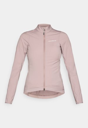 Helle pinkfarbene Radjacke mit voller Reißverschluss, hohem Kragen und langen Ärmeln. Mit einem Logo auf der Brust und einem strukturierten Saum.