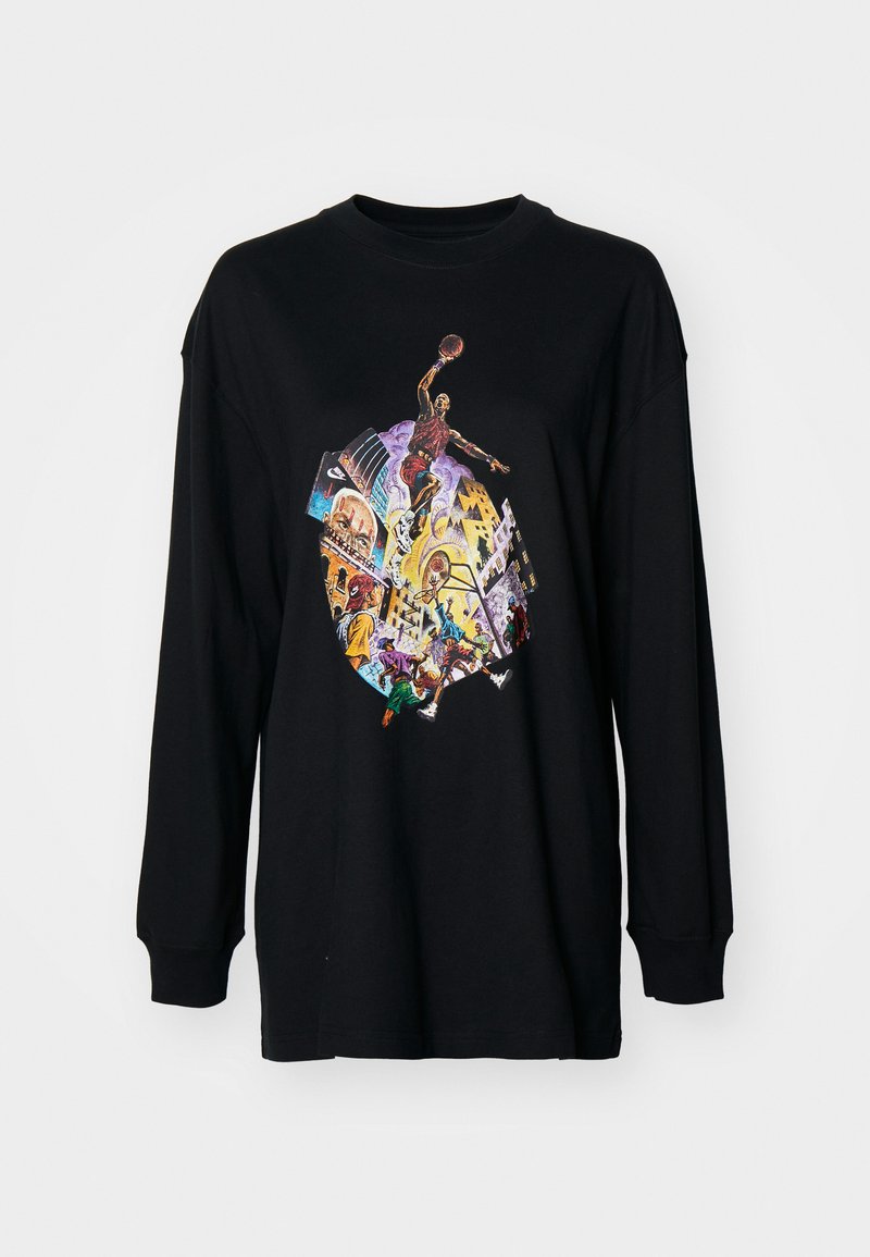 Camiseta negra de manga larga hecha de algodón, con un estampado gráfico colorido que representa a un jugador de baloncesto y escenas de la vida urbana.