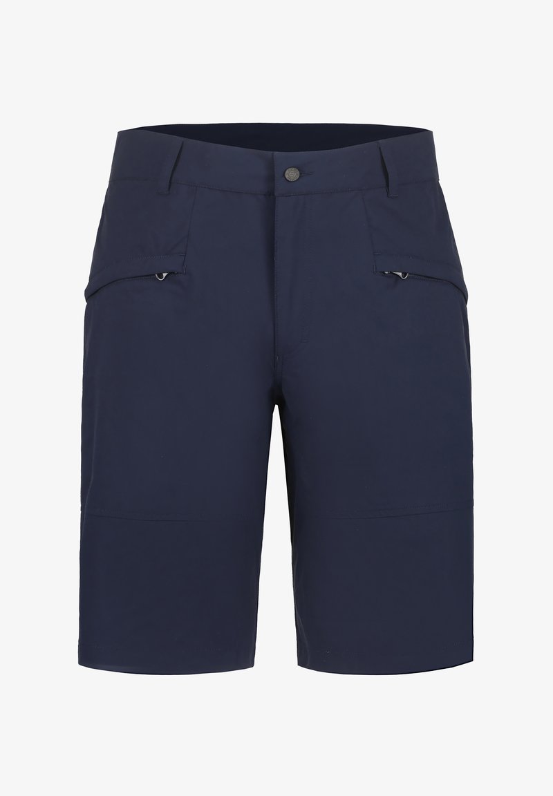 Lyhyet marineväri shortsit, jotka on valmistettu kevyestä kankaasta ja joissa on kaksi vetoketjullista sivutaskua sekä suora leikkaus modernin ilmeen saavuttamiseksi.