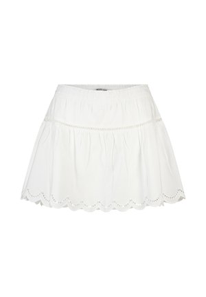 Witte minirok met geschulpte zoom, opengewerkte kanten afwerking en geplooide elastische tailleband.