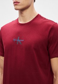 Burgundia puuvillane T-särk ümarate käistega, millel on rinnal sinine ja must "Calvin Klein" logo ning lühikesed varrukad.