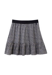 Jupe en imprimé floral avec un design froncé, dotée d'une taille noire et de volants superposés. Couleur de base en crème avec des accents bleu marine.