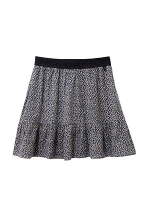 Jupe en imprimé floral avec un design froncé, dotée d'une taille noire et de volants superposés. Couleur de base en crème avec des accents bleu marine.
