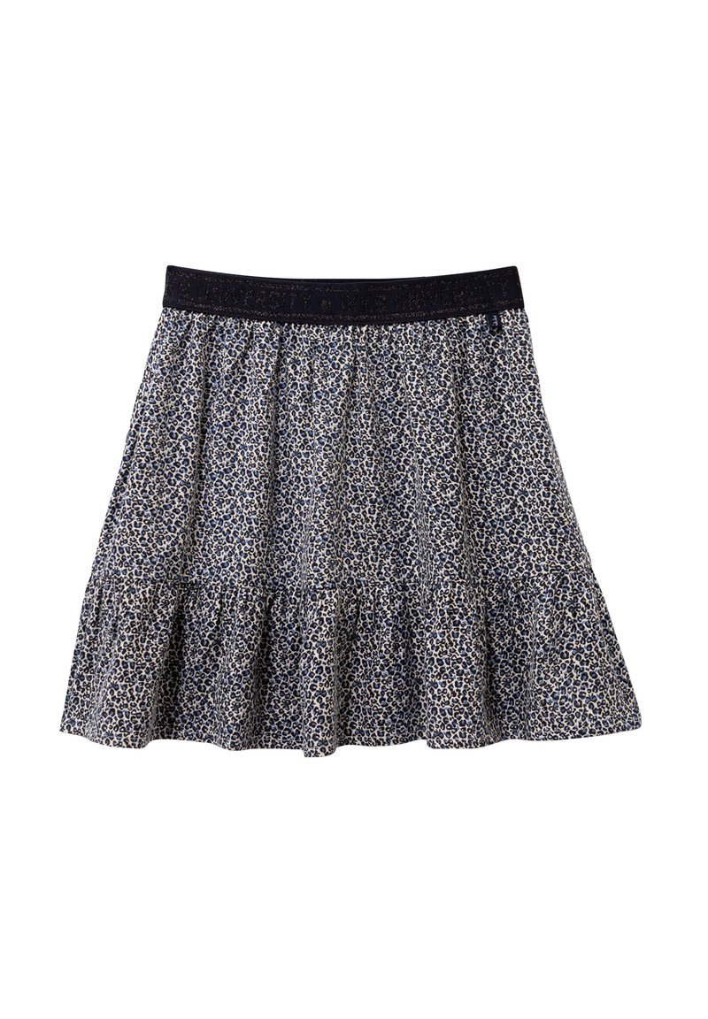 Jupe en imprimé floral avec un design froncé, dotée d'une taille noire et de volants superposés. Couleur de base en crème avec des accents bleu marine.