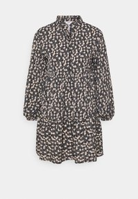Robe noire à fleurs avec des manches longues, un col et des volants froncés. Présente de petits motifs de fleurs crème sur le tissu.