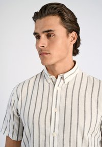 Kurzärmliges Hemd aus leichtem Stoff mit abwechselnden grauen und weißen vertikalen Streifen, mit einem Button-down-Kragen und schlichten Knöpfen.