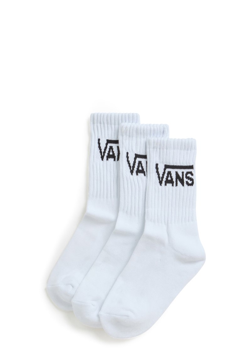 Hvide crew-sokker med ribbede manchetter, tre par, med sort "VANS" logo på siden. Blødt stof med en glat tekstur.