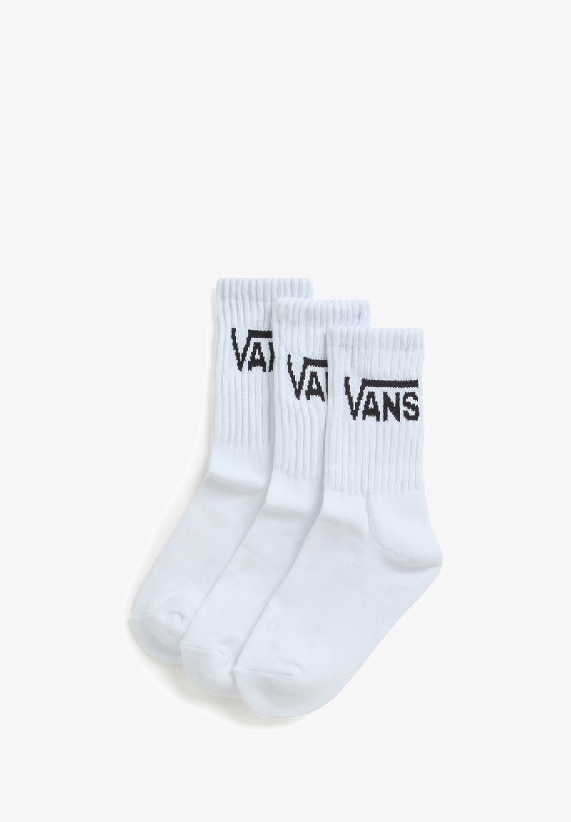 Białe skarpetki typu crew z ryflowanymi mankietami, trzy pary, z czarnym logo "VANS" po boku. Miękka tkanina o gładkiej fakturze.