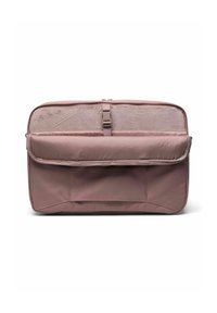 Sac pour ordinateur portable rose clair avec fermeture éclair, rabat avant et intérieur texturé. Comprend un compartiment rembourré et un tissu durable.