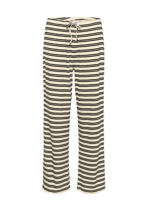Black and cream striped pants with a relaxed fit, drawstring waist, and ruffled hems at the cuffs. Soft fabric texture.