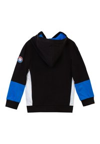 Felpa nera con pannelli in blu e bianco. Presenta un cappuccio con cordini e una patch logo sulla manica sinistra. Materiale in misto cotone liscio.