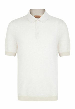 Krótki rękaw sweterkowej koszulki polo w kolorze ecru z zapinanym na guziki klinem oraz ściągaczami na mankietach i dole.