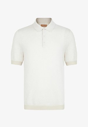 Krótki rękaw sweterkowej koszulki polo w kolorze ecru z zapinanym na guziki klinem oraz ściągaczami na mankietach i dole.