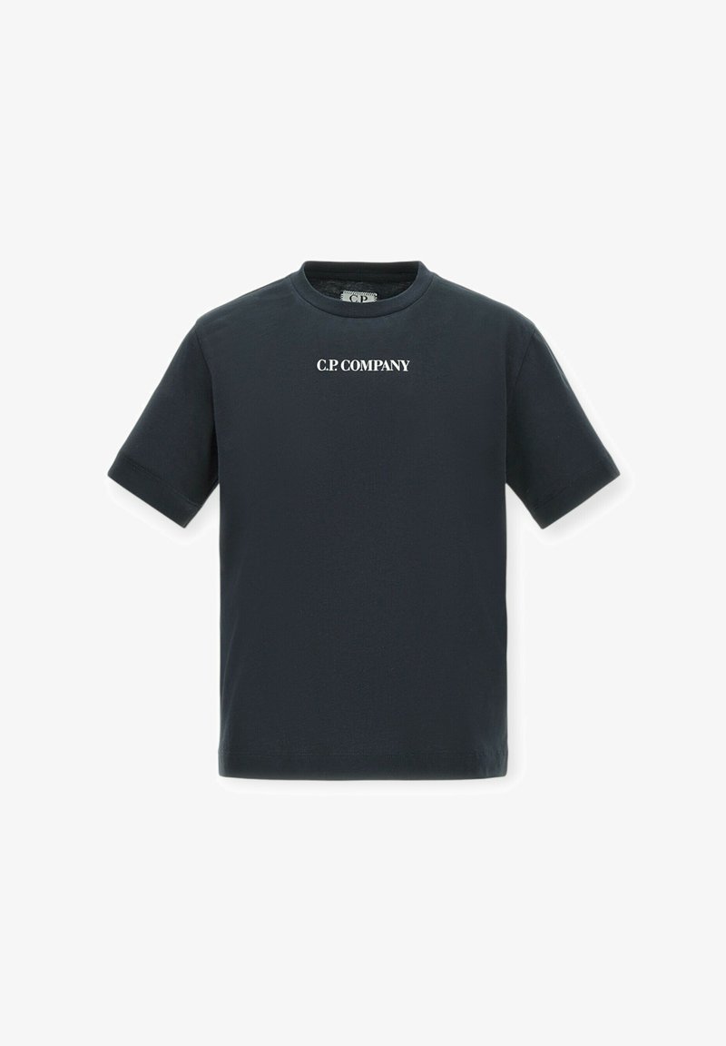 T-shirt in cotone nero con scollatura rotonda, maniche corte e logo C.P. Company stampato in bianco sul davanti.