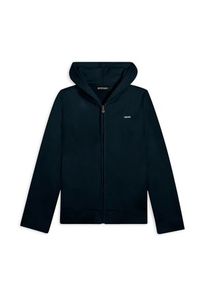Felpa con zip di colore blu navy realizzata in tessuto liscio, dotata di un ampio cappuccio, maniche lunghe e un piccolo logo sul petto. Design semplice e moderno.