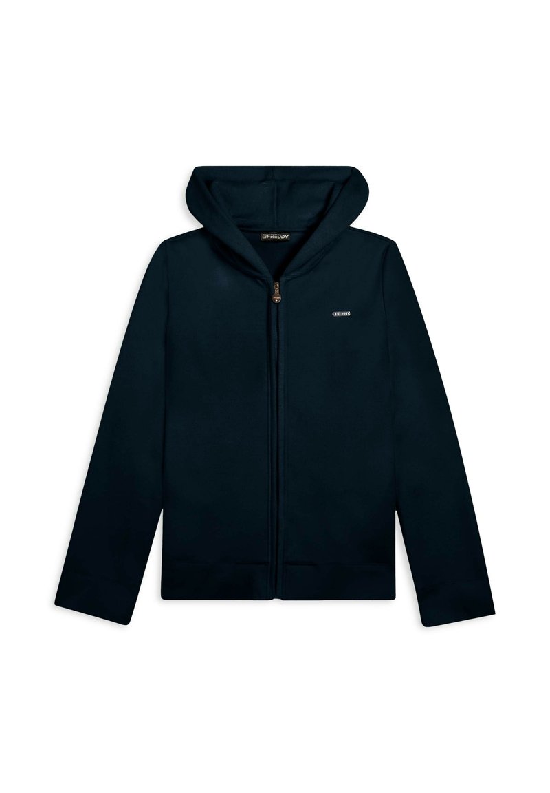 Felpa con zip di colore blu navy realizzata in tessuto liscio, dotata di un ampio cappuccio, maniche lunghe e un piccolo logo sul petto. Design semplice e moderno.