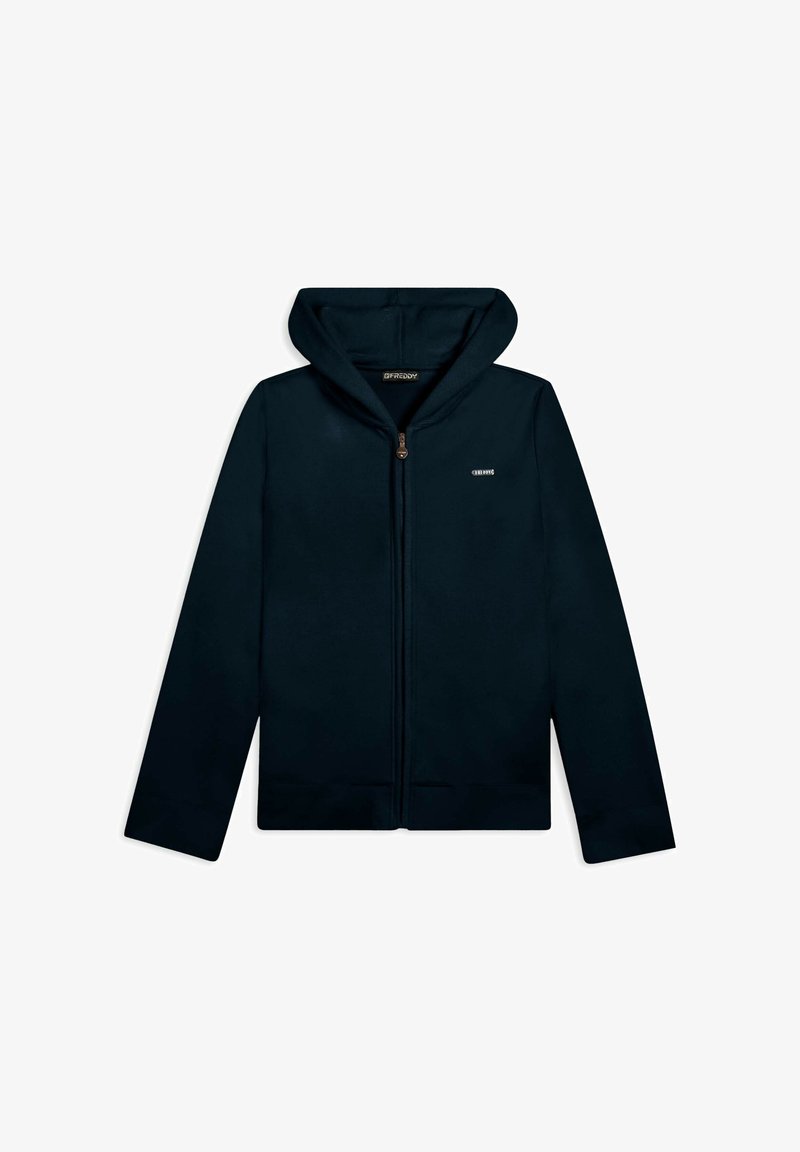Felpa con zip di colore blu navy realizzata in tessuto liscio, dotata di un ampio cappuccio, maniche lunghe e un piccolo logo sul petto. Design semplice e moderno.