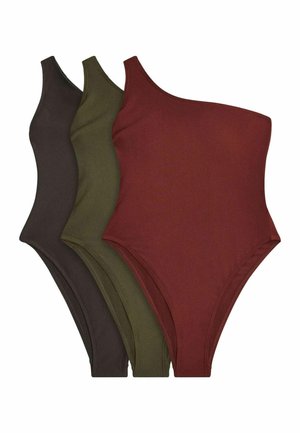 Three ribbed one-shoulder bodysuits in brown, olive green, and rust red, stacked side by side on a white background.