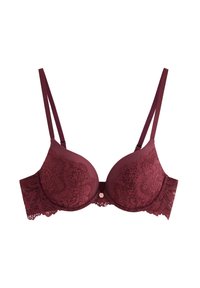 Reggiseno in pizzo bordeaux con coppe imbottite lisce, spalline regolabili e rifiniture in pizzo floreale lungo il bordo e i margini. Accento metallico al centro.