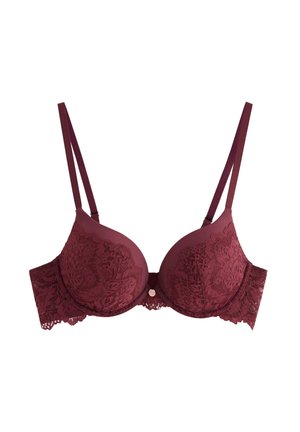Reggiseno in pizzo bordeaux con coppe imbottite lisce, spalline regolabili e rifiniture in pizzo floreale lungo il bordo e i margini. Accento metallico al centro.