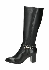 Black leather knee-high boot with a chunky heel, featuring a decorative strap with circular hardware and metal studs. Smooth texture throughout.