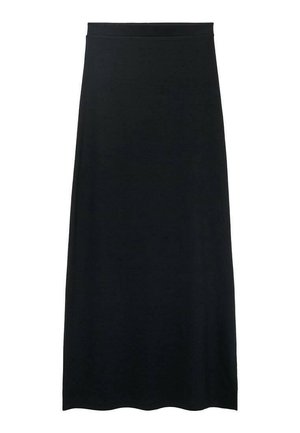 Schwarzer Maxirock mit glatter Textur und elastischem Bund. Einfaches Design ohne sichtbare Muster oder Akzente, durchgehend schnörkellos.