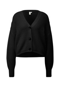 Cardigan court noir avec un décolleté en V, manches longues et texture côtelée. Comprend quatre grands boutons et une large ceinture pour un bon ajustement.