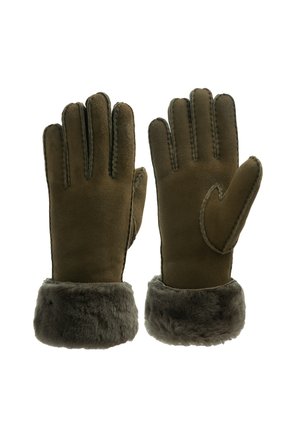 Bruine suède handschoenen met vijf vingers, voorzien van een zachte, grijze bontmanchet en contrasterende stiksels langs de naden en het duimdetail.