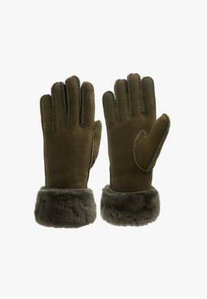 Braune Wildledersocken mit fünf Fingern, ausgestattet mit einem weichen, grauen Pelzabschluß und kontrastierender Naht entlang der Nähte und des Daumendetails.