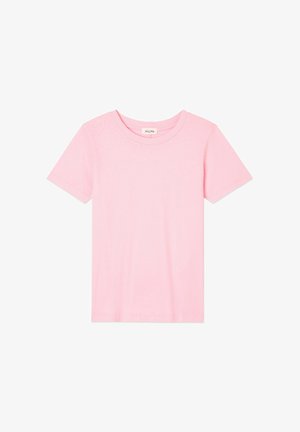 Rožinė trumpų rankovių marškinėlių iš minkštos medvilnės, turintys klasikį apvalų kaklą ir lygią, šiek tiek tekstūruotą apdailą.