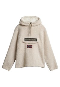 Pullover in pile color beige chiaro con tasca a marsupio, collo con mezza zip e un patch con il nome del brand e una bandiera norvegese.