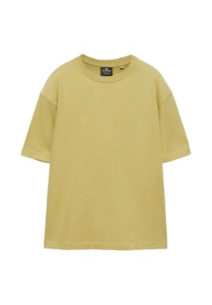 Plain olivengrøn t-shirt med korte ærmer og rund hals i en afslappet pasform, vist mod en hvid baggrund.