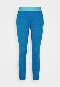 Blue athletic leggings featuring a textured fabric, a wide light blue waistband, and a small logo on the lower leg. Slim-fit design.