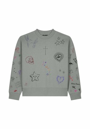 Felpa grigia con scarabocchi colorati tra cui stelle, teschio, cuore con occhio, uccelli, croce, cactus e testo sulle maniche e sul davanti.