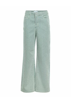 Pantalon taille haute à jambes larges avec rayures verticales vertes et blanches, poches avant, passants pour ceinture, et fermeture avec bouton et fermeture éclair.