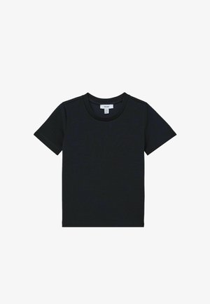 Czarny t-shirt z krótkim rękawem i okrągłym dekoltem, rozłożony na płasko, z widoczną metką na karku pokazującą markę i rozmiar.