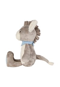 Plush donkey toy, gray with cream accents, features a textured body, plush ears, and a blue polka-dot scarf around its neck.