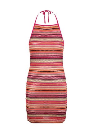 Vestito a sottoveste lavorato a maglia con strisce orizzontali vivaci in rosa, arancione e oro. Design leggero e aderente con un nodo al collo.