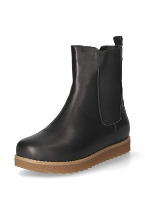 Bottine noire en cuir avec panneau latéral élastique et semelle en caoutchouc beige à semelle crantée.