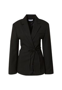 Black blazer with a fitted design, single-breasted closure, long sleeves, a belted waist, and a chest pocket. Smooth texture.