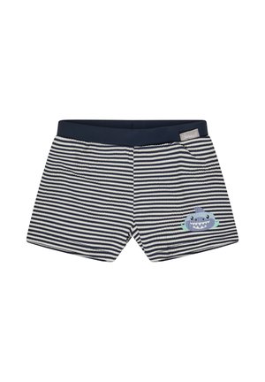 Children's navy and white striped swim shorts with a dark waistband and a small cartoon shark graphic on the right leg.