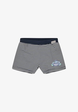 Children's navy and white striped swim shorts with a dark waistband and a small cartoon shark graphic on the right leg.