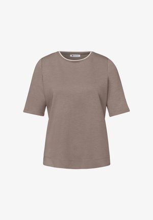 Haut pour femme à manches courtes taupe avec col rond, ourlet droit et texture subtile, étiqueté "Street One" à l'intérieur du col.