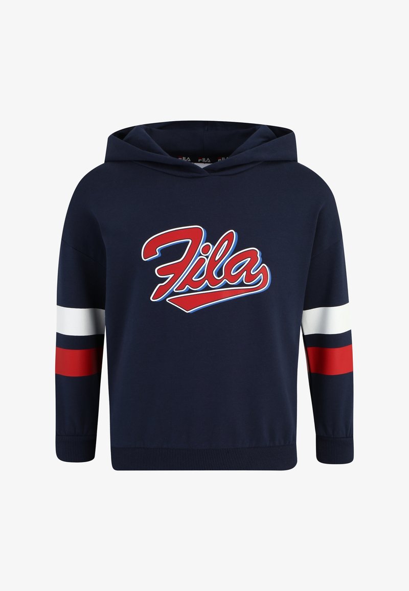 Sudadera con capucha azul marino con rayas en las mangas en rojo, blanco y azul marino, y un gran logo "Fila" en rojo y blanco centrado en el pecho.