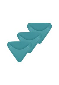 Drie naadloze damesonderbroeken in teal gekleurd, diagonaal gestapeld op een witte achtergrond.