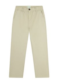 Pantalones de mezcla de algodón color beige con cintura elástica, bolsillos frontales y diseño de pierna recta. Detalles de costura visibles y duraderos.