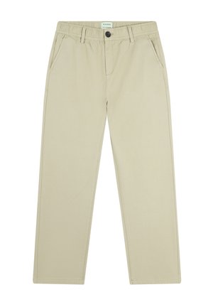 Pantalones de mezcla de algodón color beige con cintura elástica, bolsillos frontales y diseño de pierna recta. Detalles de costura visibles y duraderos.