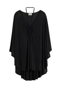 Kaftan noir avec un décolleté en V, des bretelles halter et un détail de fronce central. Tissu doux et fluide avec un ourlet asymétrique.