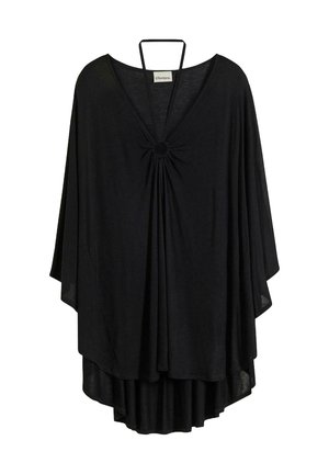Kaftan nero con scollatura a V, spallina a halter e dettaglio di arriccio centrale. Tessuto morbido e fluente con orlo asimmetrico.