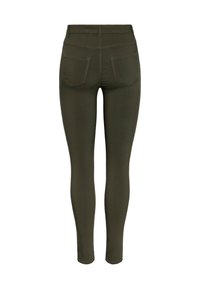 Dark olive green leggings featuring a skinny fit, two back pockets, and subtle stitching accents. Soft texture with a smooth finish.